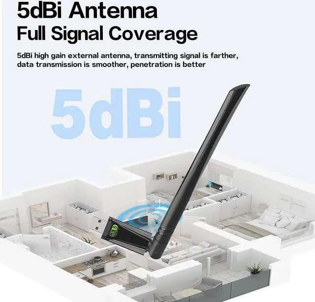 Alt view image 3 of 7 - 650Mbps WiFi Dongle, USB WiFi Adapter for Desktop PC, AC650 USB Wireless Network Adapter with 2.4GHz/5GHz, High Gain Dual Band 5dBi Antenna, Supports Windows XP/7/8/8.1/10/11 (Black)