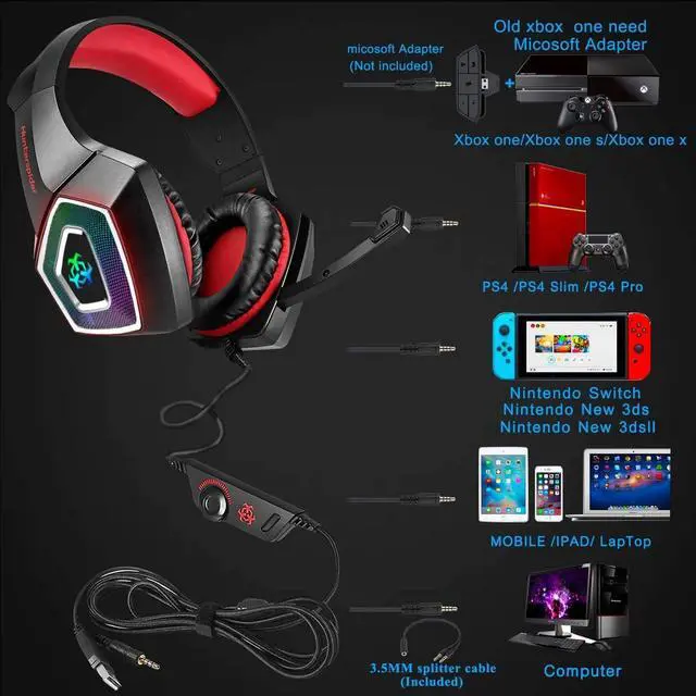 Alt view image 3 of 7 - Gaming Headset, Compatible with PS4 Xbox One PC Nintendo Switch Games Laptop Mac, Over-Ear Gaming Headphones with Stereo Surround Sound, Noise Cancellation Mic, RGB Light