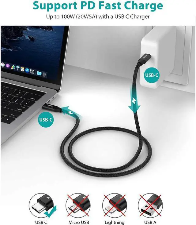 Alt view image 4 of 7 - USB C to USB C 3.1 Gen2 Cable Fast Charge Video Cable(6.6ft/2m), 100W 20V/5A 10Gbps Fast Data Transfer, 4K Video Output for Samsung Galaxy S20 Note 10+,iPad Pro,Macbook Pro, HUAWEI MateBook