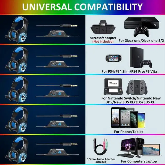 Alt view image 5 of 7 - Gaming Headset, Compatible with PS4 Xbox One PC Nintendo Switch Games Laptop Mac, Over-Ear Gaming Headphones with Stereo Surround Sound, Noise Cancellation Mic, RGB Light