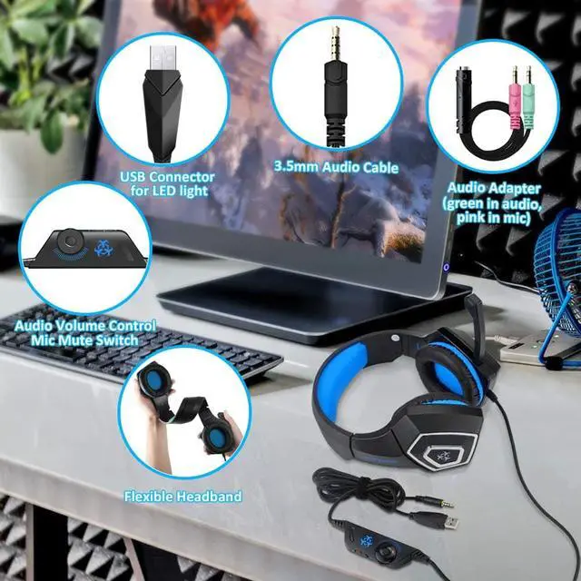 Alt view image 6 of 7 - Gaming Headset, Compatible with PS4 Xbox One PC Nintendo Switch Games Laptop Mac, Over-Ear Gaming Headphones with Stereo Surround Sound, Noise Cancellation Mic, RGB Light