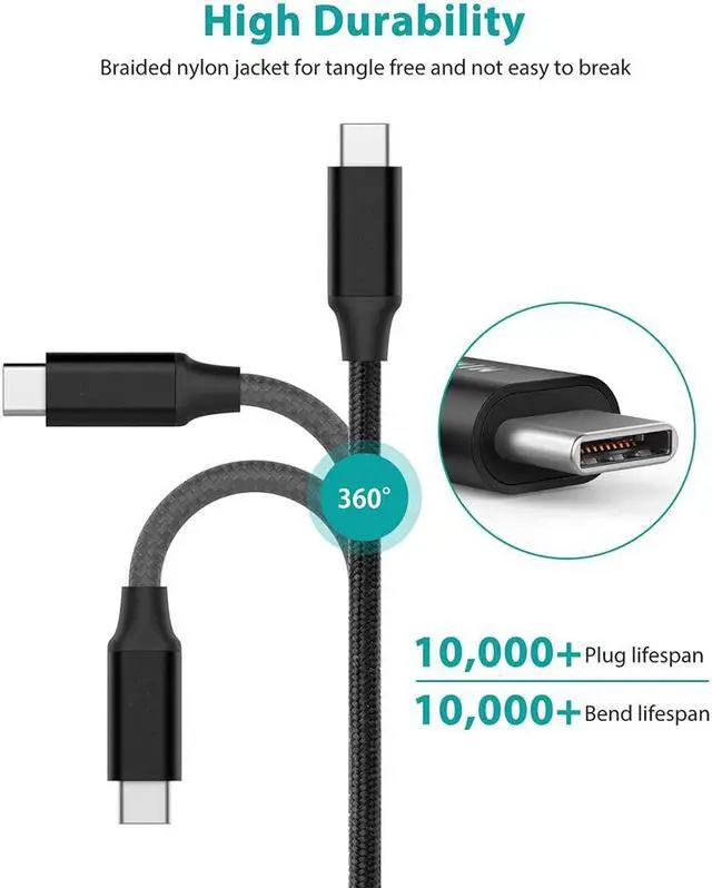 Alt view image 2 of 7 - USB C to USB C 3.1 Gen2 Cable Fast Charge Video Cable(6.6ft/2m), 100W 20V/5A 10Gbps Fast Data Transfer, 4K Video Output for Samsung Galaxy S20 Note 10+,iPad Pro,Macbook Pro, HUAWEI MateBook