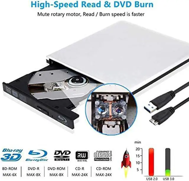 Alt view image 2 of 7 - External Blu Ray DVD Drive Burner 3D Portable USB 3.0 CD DVD RW Player for Mac OS, Linux, Windows XP/Vista/7/8/10,PC (Silver)