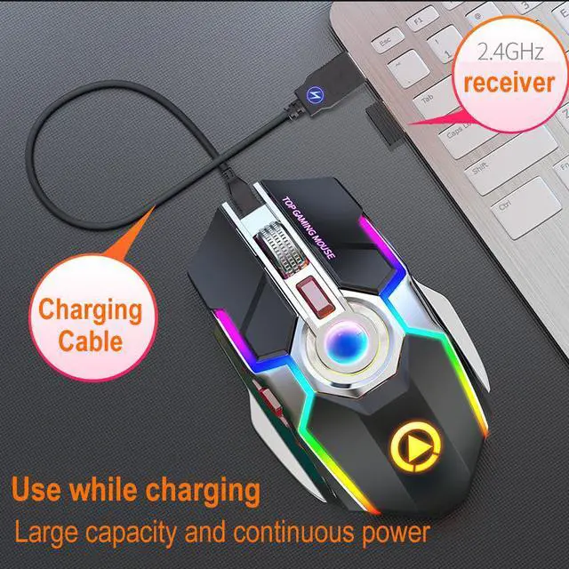 Alt view image 6 of 7 - Gaming Mice Rechargeable Wireless Mouse Silent Ergonomic 7 Keys RGB Backlit 1600 DPI LED Backlit Mouse for Computer PC