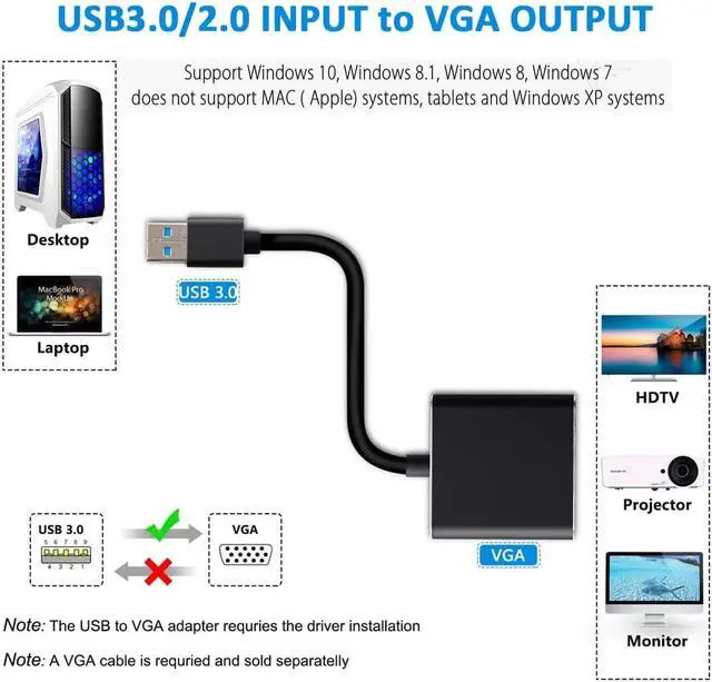 Alt view image 2 of 7 - USB to VGA Adapter,Updated USB 3.0 to VGA Adapter Multi-Display Video Converter Compatible with PC Laptop Windows 7/8/8.1/10,Desktop, Laptop, PC, Monitor, Projector, HDTV