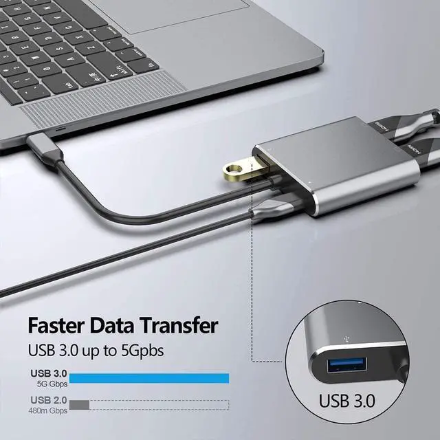 Alt view image 3 of 7 - USB C Type C to Dual HDMI USB 3.0 Type-C PD Converter 4 in 1 USB C Dock Station Hub 4K Hdmi Adapter Cable for Phone Macbook Laptop TV Monitor (Gray)