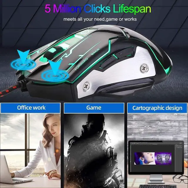 Alt view image 5 of 7 - RGB Light Up Wired Mouse for Computer - Durable USB Led Laptop Mice with 7 Color Backlight, 4 Adjusted DPI Up to 3200 Games,  6 Buttons, Silent and Stable for Mac MacBook, Windows Vista, Linux PS4