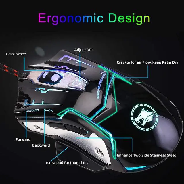 Alt view image 6 of 7 - RGB Light Up Wired Mouse for Computer - Durable USB Led Laptop Mice with 7 Color Backlight, 4 Adjusted DPI Up to 3200 Games,  6 Buttons, Silent and Stable for Mac MacBook, Windows Vista, Linux PS4
