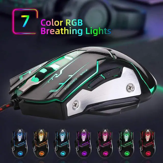 Alt view image 2 of 7 - RGB Light Up Wired Mouse for Computer - Durable USB Led Laptop Mice with 7 Color Backlight, 4 Adjusted DPI Up to 3200 Games,  6 Buttons, Silent and Stable for Mac MacBook, Windows Vista, Linux PS4