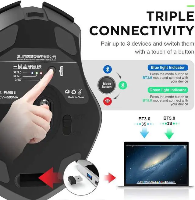 Alt view image 6 of 7 - Bluetooth Mouse, Inphic Multi-Device Silent Rechargeable Bluetooth Wireless Mouse (Tri-Mode: BT 5.0/3.0+2.4G), 1600DPI Ergonomic Portable Mouse for Laptop PC Computer,Windows Mac OS