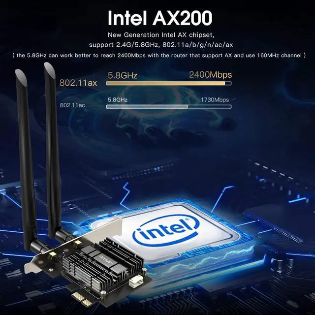 Alt view image 2 of 7 - [Newest] WiFi 6 Card AX 3000Mbps PCIe Network Card AX200 802.11AX 2.4Ghz/5.8Ghz with Bluetooth 5.0 & Heat Sink Wireless PCI Express Wi-Fi Adapters Dual Band Antenna for Windows 10 64-bit