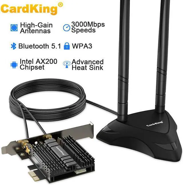 Main image of Cardking PCIe WiFi 6 card for desktop PC, 3000 Mbps 802.11AX dual band wireless Bluetooth 5.1 adapter with magnetic antenna base, MU-MIMO, OFDMA, Advanced Heat Sink Support Windows 10 64bit (BLACK)