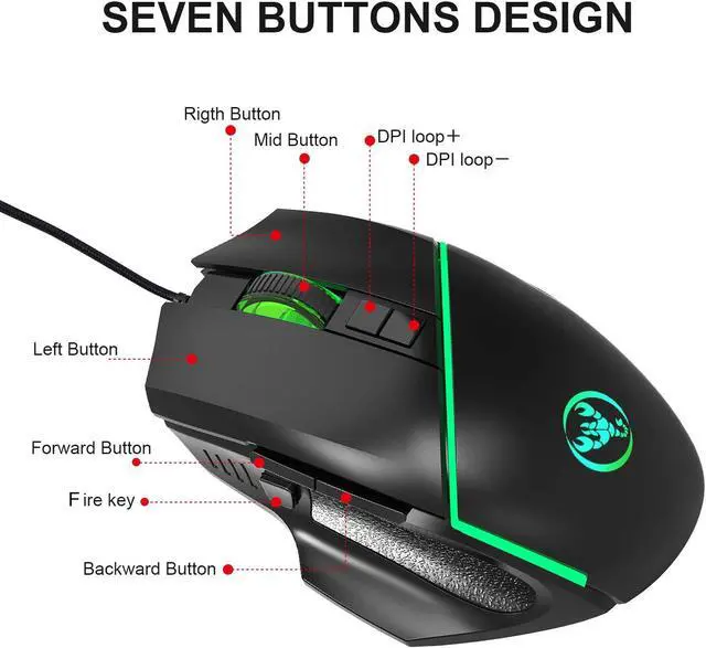 Alt view image 5 of 7 - Gaming Mice Wired, Grip Ergonomic Optical PC Computer Gaming Mice with Shooting Button for Laptops, 7 Programmable Buttons, RGB with 7 Backlit 6400 DPI Adjustable for Windows PC Gamers (Black)