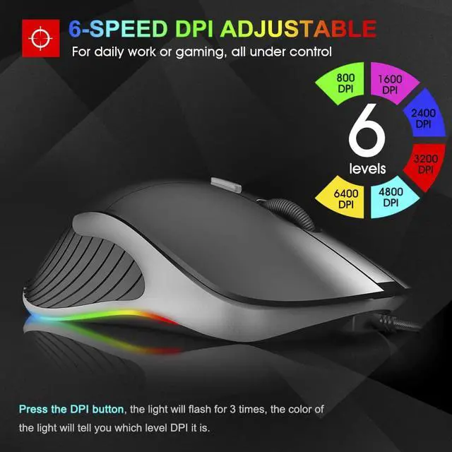 Alt view image 4 of 7 - Wired PC Mouse Gaming Mice, USB Wired Mouse 3200DPI Adjustable & 6 Programmable Buttons, Silent Click, Optical Tracking, Ergonomic, Streamlined Mouse for PC Laptop Computer Working and Gaming