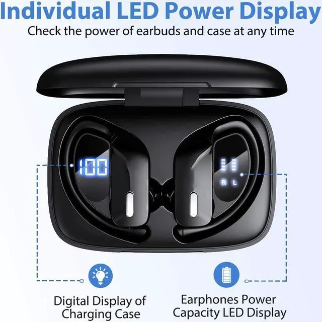 Alt view image 2 of 7 - Bluetooth Headphones-True Wireless Earbuds 48Hrs Playtime Earphones TWS Deep Bass Loud Voice Call Over Ear Headset Waterproof with Microphone Smart LED Display for Sports Running Gaming Workout-Black
