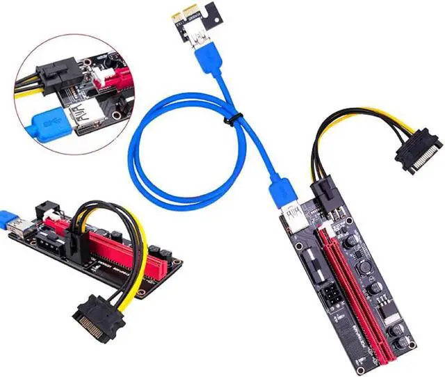 Alt view image 2 of 7 - PCIE Riser, VER009s 1X to 16X Riser Card Extender Mining Miner, GPU Riser Express Kits 60cm USB 3.0 Extension, PCI-E Riser Adapter Port Card Extender Wire, 6Pin SATA and Molex 4Pin Power PCIE Cable