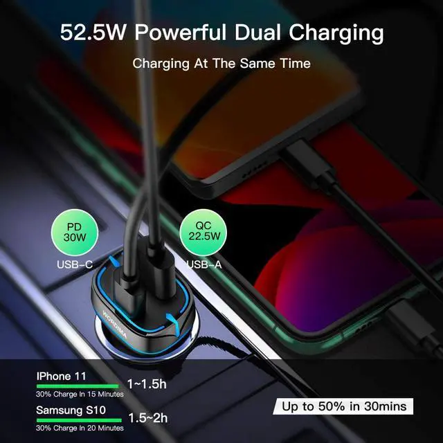 Alt view image 3 of 6 - USB C Car Charger, 52.5W 2 Ports Fast Charger Power Delivery PD20W/PD30W/PPS30W & Quick Charge QC3.0 18W/SCP22.5W Compatible with iPad Pro,Mac,iPhone12/11/X/8, Samsung/Google Pixel/Oneplus (Black)