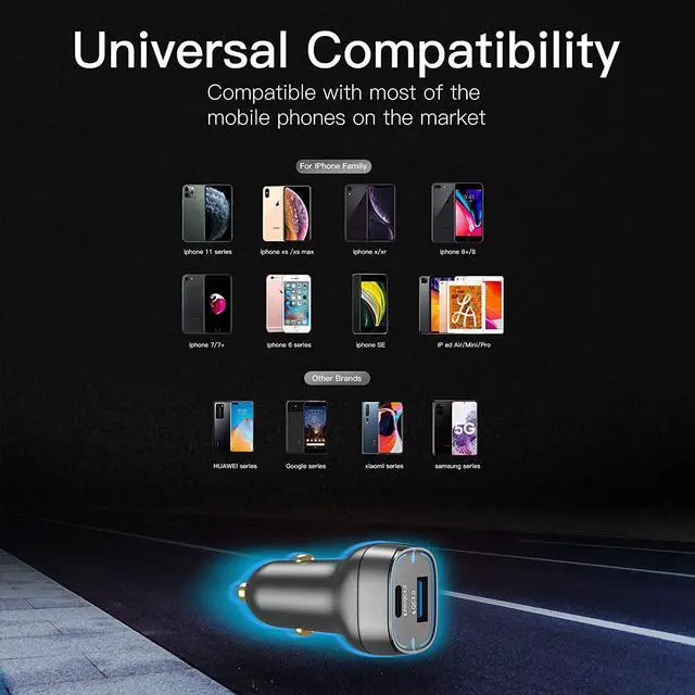 Alt view image 6 of 6 - USB C Car Charger, 52.5W 2 Ports Fast Charger Power Delivery PD20W/PD30W/PPS30W & Quick Charge QC3.0 18W/SCP22.5W Compatible with iPad Pro,Mac,iPhone12/11/X/8, Samsung/Google Pixel/Oneplus (Black)