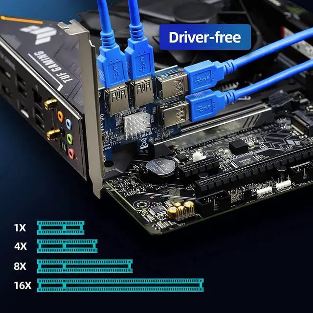 Alt view image 3 of 7 - PCIe 1 to 4 Riser Card, Pcie Splitter 1 to 4 PCI Riser Card, 4 Risers into 1 PCI Card, PCIe Risers 1X to External 4 PCI-e USB 3.0 Adapter Multiplier for Bitcoin Miner Device