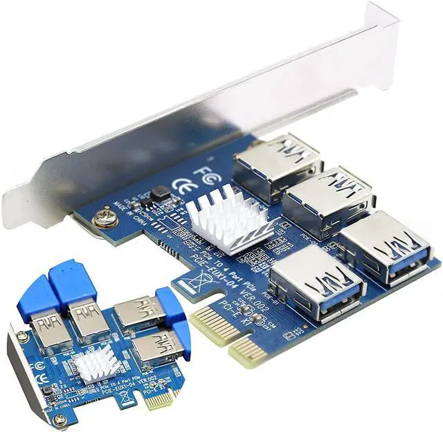 Main image of PCIe 1 to 4 Riser Card, Pcie Splitter 1 to 4 PCI Riser Card, 4 Risers into 1 PCI Card, PCIe Risers 1X to External 4 PCI-e USB 3.0 Adapter Multiplier for Bitcoin Miner Device
