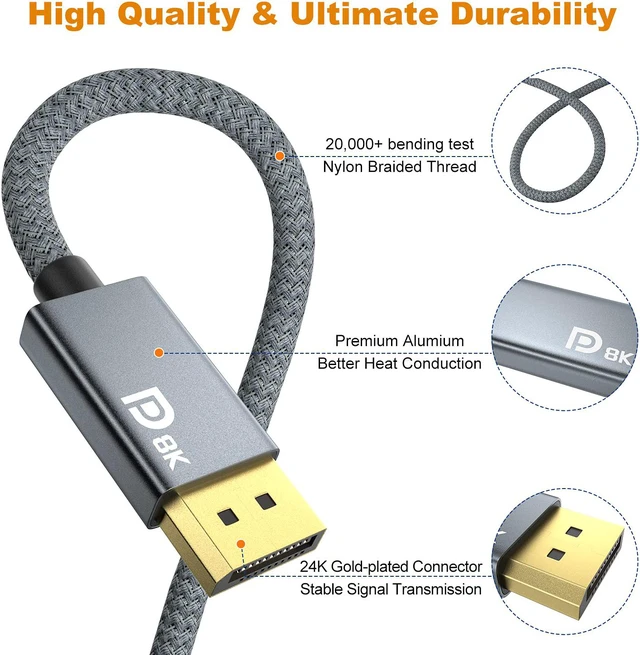 Alt view image 6 of 7 - 8K Mini DisplayPort to DisplayPort Cable 6.6ft, Mini DP to DP 1.4 Cable, Support 8K@60Hz, 4K@144Hz, 2K@240Hz, Gold-Plated Thunderbolt 2 to DP Cord for MacBook Air/Pro, Surface Pro, Monitor