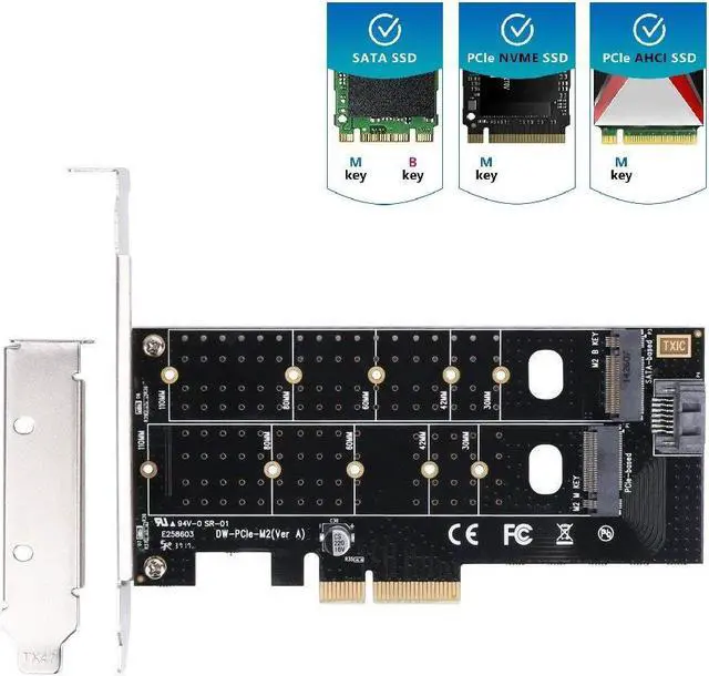 Main image of Dual M.2 PCIe Adapter, M2 SSD NVME (m-Key) or SATA (b-Key) 22110 2280 2260 2242 2230 to PCI-e 3.0 x4 Host Controller Expansion Card for Desktop PCI Express Slots