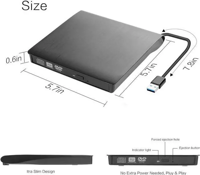 Alt view image 4 of 7 - External DVD CD Drive, USB 3.0 Portable CD DVD +/- Slim Portable CD/DVD RW Drive Burner Writer ROM Rewriter, High Speed Data Transfer for Desktop/Laptop/Black