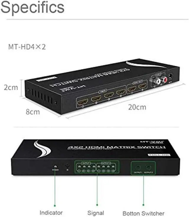 Alt view image 5 of 7 - HDMI Matrix 4x2, MT-VIKI HDMI Matrix Switch 4 in 2 out Splitter with 3.5mm Stereo L/R RCA Audio & IR Remote Control