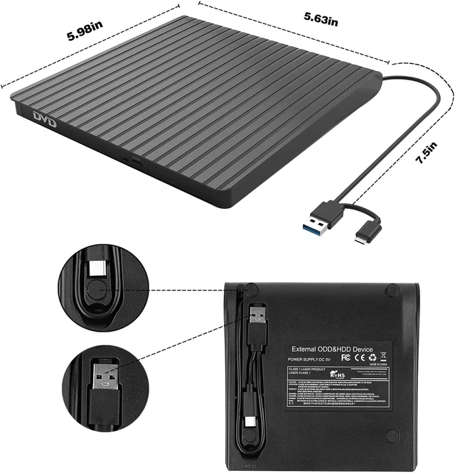 Alt view image 2 of 7 - External CD / DVD Drive for Laptop USB-C & USB 3.0 CD/DVD ROM Drive Reader Writer DVD Burner Compatible with Laptop PC MacBookMac Windows 10/8/7 Linux OS Apple