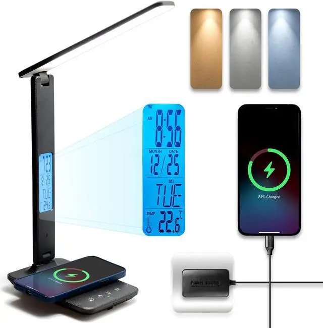 Main image of LED Desk Lamp, Desk Lamp with Wireless Charger, Suitable for Home, Office Dimmable Desk Lamp, with USB Charging Port, Built-in Clock, Calendar, Thermometer and Automatic Timing Reading Desk Lamp