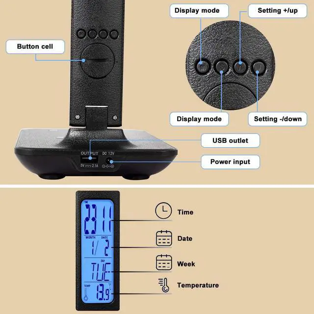 Alt view image 5 of 7 - LED Desk Lamp, Desk Lamp with Wireless Charger, Suitable for Home, Office Dimmable Desk Lamp, with USB Charging Port, Built-in Clock, Calendar, Thermometer and Automatic Timing Reading Desk Lamp