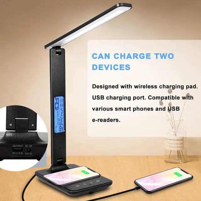 Alt view image 2 of 7 - LED Desk Lamp, Desk Lamp with Wireless Charger, Suitable for Home, Office Dimmable Desk Lamp, with USB Charging Port, Built-in Clock, Calendar, Thermometer and Automatic Timing Reading Desk Lamp