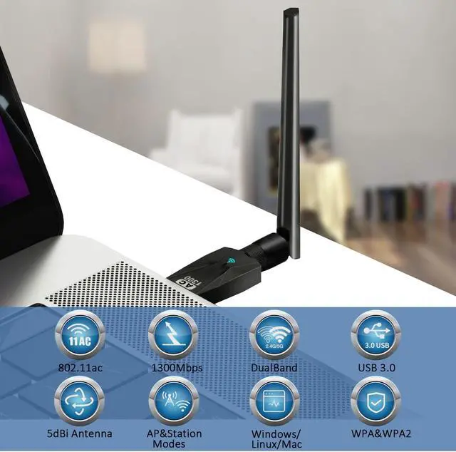 Alt view image 2 of 7 - 1300Mbps WiFi Dongle for PC: 5.8G/2.4G Dual Band USB WiFi Adapter for Desktop PC, USB 3.0 PC WiFi Adapter, 802.11ac WiFi USB, 5dBi WiFi Antenna USB WiFi Dongle for Windows XP/Vista/10/8/7/Mac/Linux