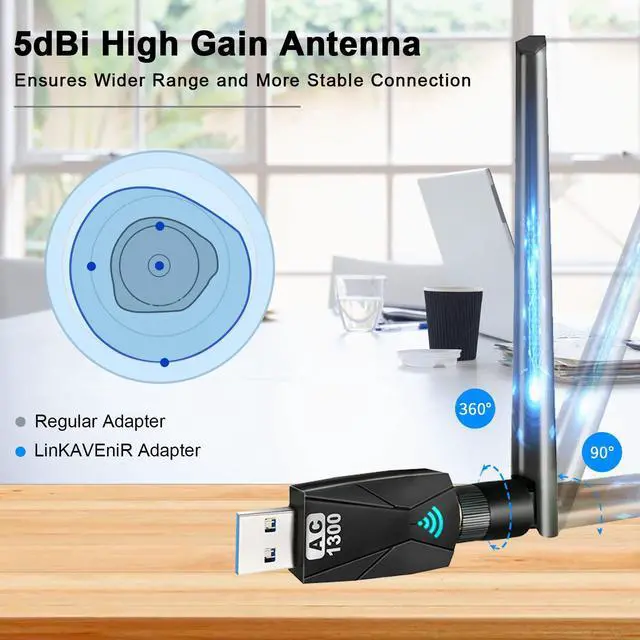 Alt view image 5 of 7 - 1300Mbps WiFi Dongle for PC: 5.8G/2.4G Dual Band USB WiFi Adapter for Desktop PC, USB 3.0 PC WiFi Adapter, 802.11ac WiFi USB, 5dBi WiFi Antenna USB WiFi Dongle for Windows XP/Vista/10/8/7/Mac/Linux