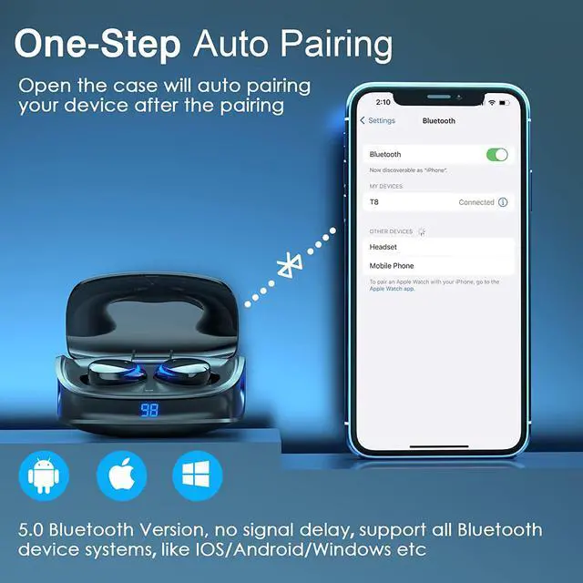Alt view image 2 of 7 - True Wireless Earbuds, Bluetooth TWS Earbuds with Charging Case, 25H Playtime, Touch Control, Digital Display, Fast Pair, in-Ear Earphones Stereo Headset with Microphone for All Bluetooth Device