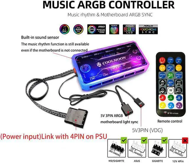 Alt view image 6 of 7 - 5V 6pin ARGB PC Case Fans,120mm RGB Case Fan with Fan Hub and Remote, Aura SYNC, Music Rhythm, Speed Control, Addressable Fan for Computer Case Chassis DIY Adjust Cooler (3 Case Fan+Music Controller)