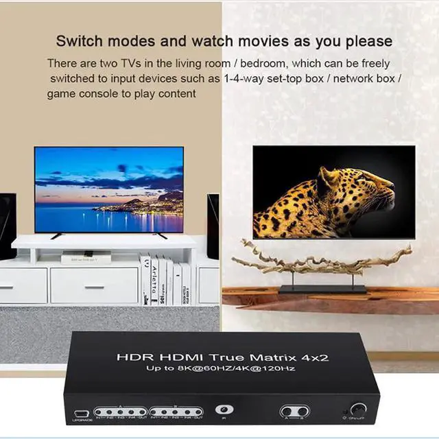 Alt view image 6 of 7 - 4x2 HDMI Matrix, UHD 8K @60Hz HDMI Matrix Switcher 4 in 2 Out 4K @120Hz HDR HDMI Splitter HDMI Scaler 8K 60Hz Sync, HDCP2.3 HDMI2.1 40 Gbps HDMI 2.1 Matrix 4x2 IR and Power Adapter
