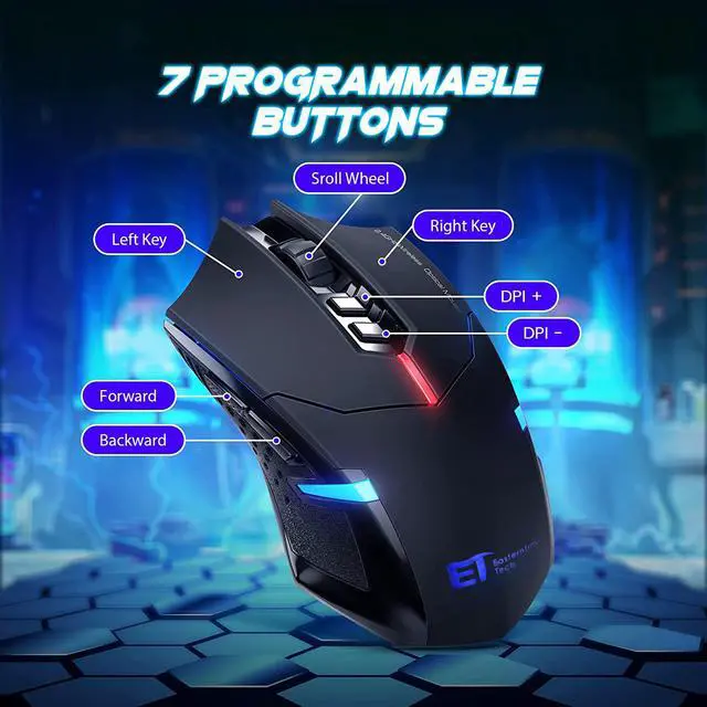 Alt view image 4 of 7 - RGB Wireless Gaming Mouse- USB Cordless PC Computer Mice with RGB Backlit, Ergonomic Silent Gamer Laptop Mouse with 7 Silent Click Buttons, 5 Adjustable DPI Plug & Play for PC, Windows, Mac (Black)
