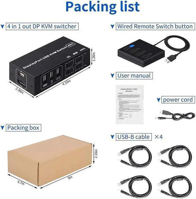 Alt view image 7 of 7 - 4 Port DisplayPort KVM Switch 3D UHD 4K@60Hz 4 in 1 Out USB and DP KVM Switcher for 4 PCs Share Keyboard Mouse Monitor and USB 2.0 Devices, with 4 USB Cables