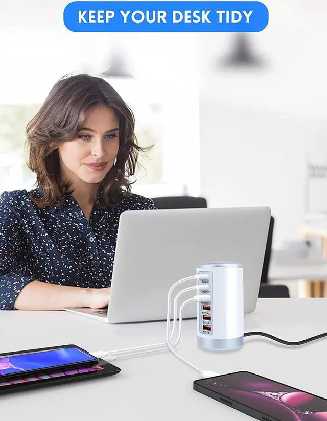 Alt view image 7 of 7 - USB C Charging Station with 6 Ports, 65W PD & QC Multiport USB Desktop Charger Fast Charging Hub for iPhone 13/13pro Max 12/12 Mini/12Pro/12 Pro Max/11/11 Pro iPad AirPod,Tablets, Smartphones