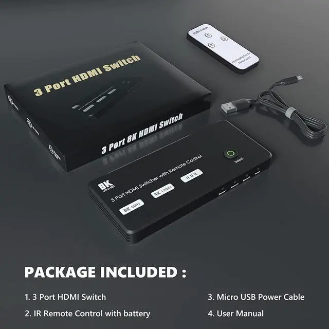 Alt view image 7 of 7 - 8K HDMI Switch 3 in 1 Out, Ultra-HD 48Gbps HDMI 2.1 Switcher with Remote Control, Support 8K @60Hz 4K @120Hz, Dynamic HDR, Compatible with PS5, Xbox X