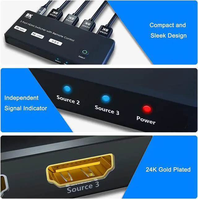 Alt view image 6 of 7 - 8K HDMI Switch 3 in 1 Out, Ultra-HD 48Gbps HDMI 2.1 Switcher with Remote Control, Support 8K @60Hz 4K @120Hz, Dynamic HDR, Compatible with PS5, Xbox X