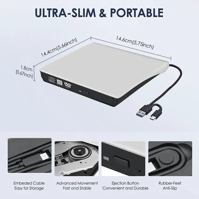 Alt view image 6 of 7 - External CD/DVD Drive for Laptop, Type-C CD/DVD Player USB 3.0 Portable Burner Writer Reader Compatible with Mac MacBook Pro/Air iMac Desktop Windows 7/8/10/XP/Vista (White)