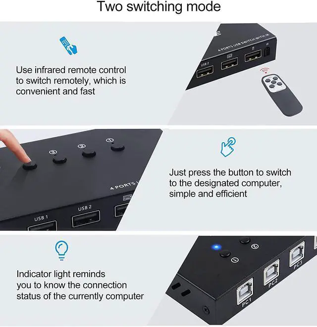 Alt view image 3 of 7 - USB Switch Selector, 4 Port KVM Switch 4 Computers Sharing 4 USB Devices,USB Peripheral Switcher Box for Keyboard Mouse Printer Scanner PC. with Remote Control and 4 USB Cables