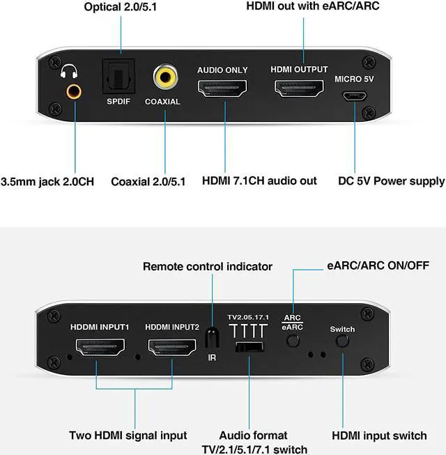 Alt view image 2 of 7 - 4K @60Hz eARC HDMI Swtich Audio Extractor,  2x1 HDMI Audio Converter with Remote Control, 7.1CH Atmos/ eARC/ARC/ Optical Toslink SPDIF/ Coaxial/ 3.5mm Audio Out, Supports HDCP2.3, HDMI2.0b