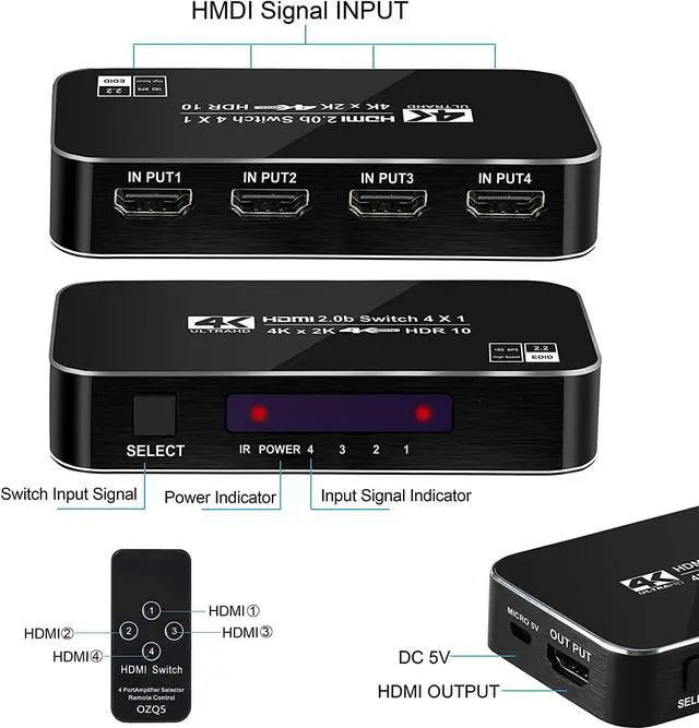 Alt view image 7 of 7 - 4K 60Hz 4x1 HDMI Switch, 4 Port Auto HDMI Switch Box with IR Remote,Support HDCP 2.2 4Kx2K 3D 1080P,4 in 1 Out HDMI Switch Switcher Selector for Xbox360/PS4/PS3/Roku/to TV Projector
