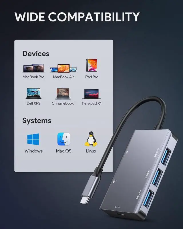 Alt view image 4 of 5 - 5 in 1 USB C Hub, USB C Dongle Multiport Adapter, with SD/TF Card Reader, 5Gbps USB 3.0 Data Ports, Compatible with MacBook Pro Air HP XPS and More