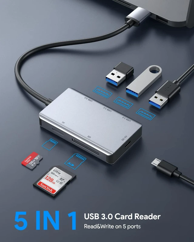 Alt view image 2 of 7 - 5-in-1 USB Hub with 3 x USB3.0, 1 x SD Card Reader, 1 x TF Card Reader, 3-Port USB 3.0 Multi-Card Reader with SD/TF Card Readers Compatible for Windows Mac Linux