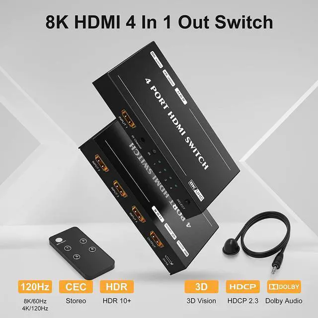 Alt view image 5 of 7 - 4 Port HDMI 2.1 4 in 1out 8K HDMI Switch with IR Remote Ultra HD 8K 8K @60Hz 4K @120Hz High Speed 48Gbps HDR10 3D Directional Converter HDCP2.3 Compatible with Xbox PS-5