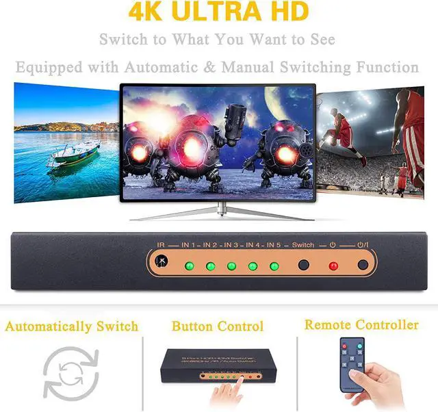 Compare prices for HDMI Switch 4K, HDMI Switch Automatic/Manual HDMI  Switcher 5 in 1 Out HDMI Splitter, HDMI Splitter Supports 4K  60hz/2K/1080P/3D/HDCP 2.2/UHD/HDR for PS 3/4/Xbox One/360/DVD/HDTV etc  across all European